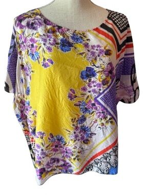 CAbi Silk Yellow Floral Multicolor Short Sleeve Top